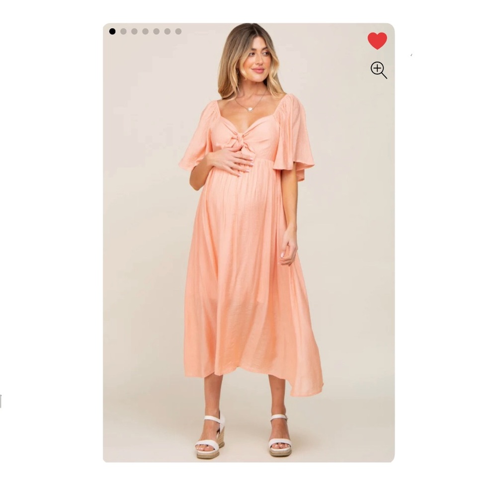 PinkBlush Maternity Peach Front Tie Ruffle Sleeve Midi Dress
